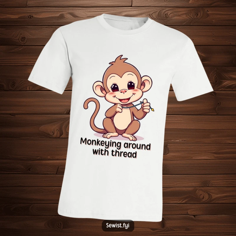 Funny t-shirt: A playful monkey expertly demonstrates a zigzag stitch with a needle and thread, full of energetic focus.