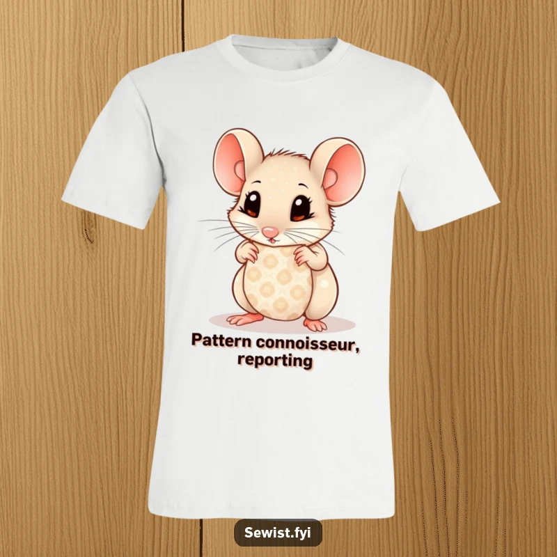 Funny Mouse T-Shirt: Curious mouse with wide eyes, examining a patterned fabric swatch, ideal for the inquisitive.