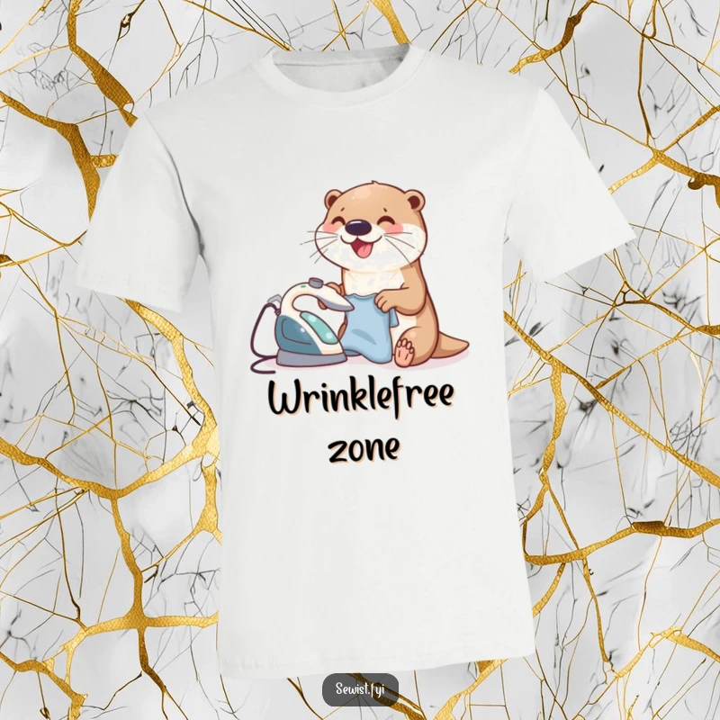 Funny Otter T-Shirt depicting a happy otter ironing a small garment with a tiny iron, celebrating tidiness and cheerful effort.