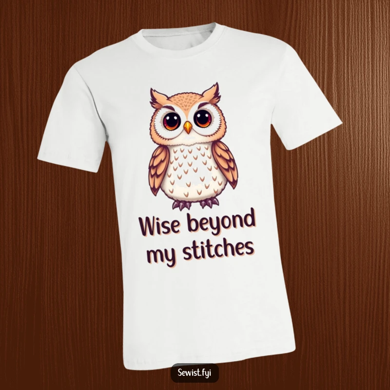 Funny Owl T-Shirt featuring a cute owl admiring a delicate embroidered detail, highlighting precision in needlework with humor.