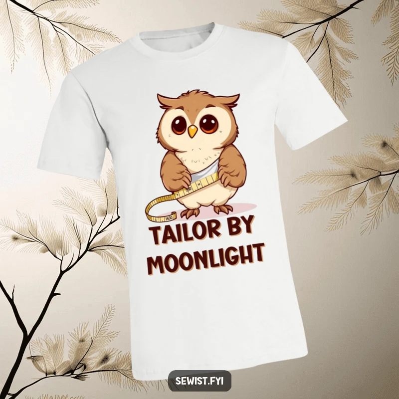 Funny curious owl uses a tape measure on fabric, a creative t-shirt for crafters.