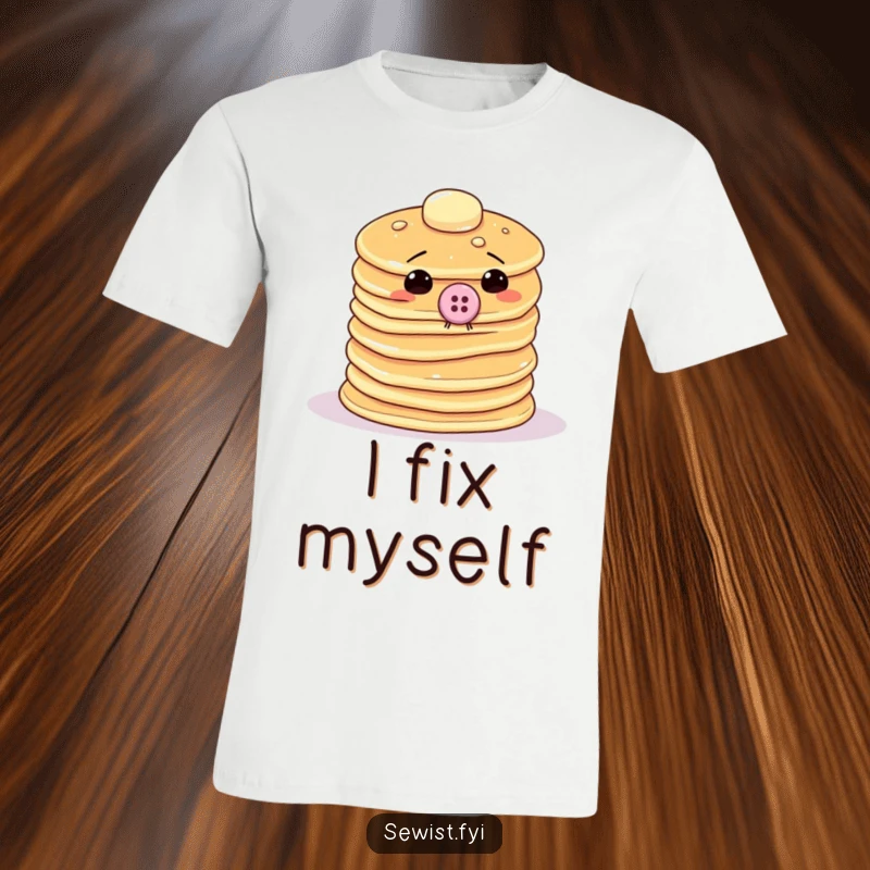 Funny pancake t-shirt showing a wobbly stack attempting to sew a giant button onto itself, a humorous depiction of crafty determination.