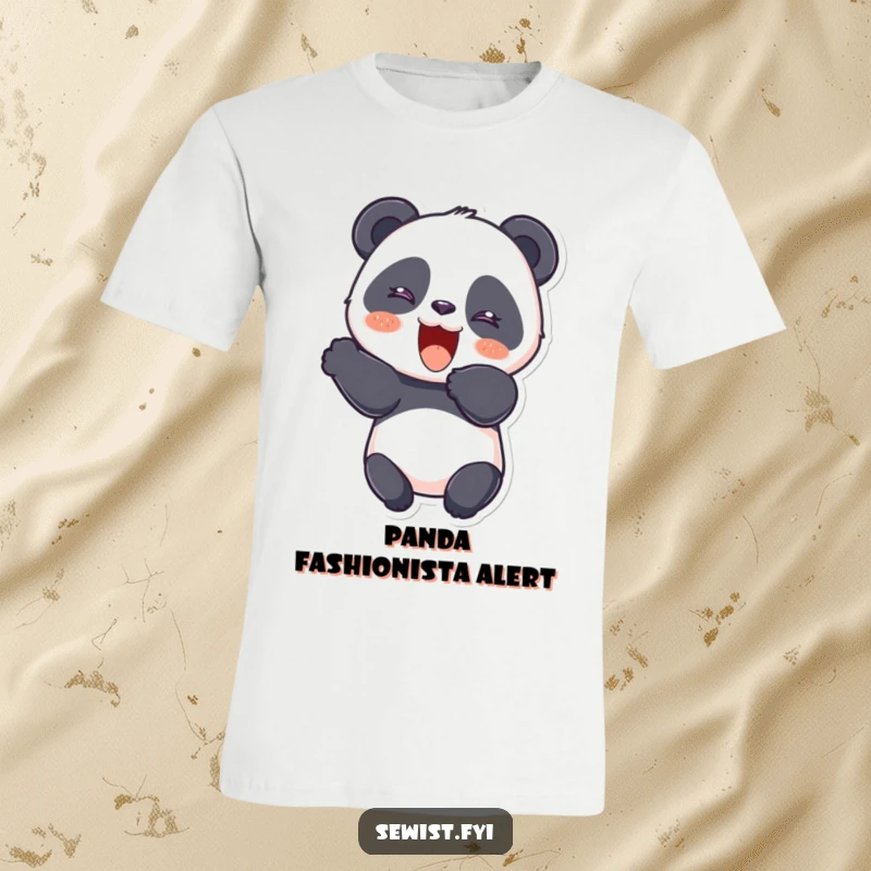 Funny Panda T-Shirt featuring a giggling panda cutting fabric with a flourish, celebrating the art of sewing with humor.