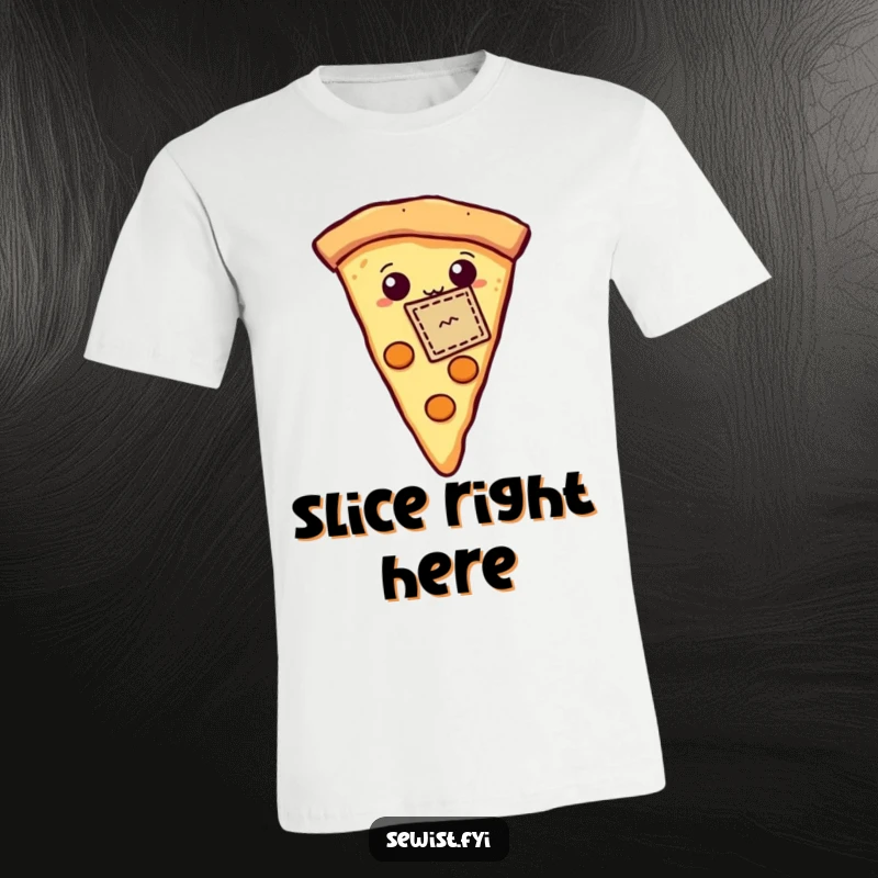 Funny t-shirt featuring a proud slice of pizza with a tiny stitched patch, perfect for humorous crafter apparel and pizza lovers.