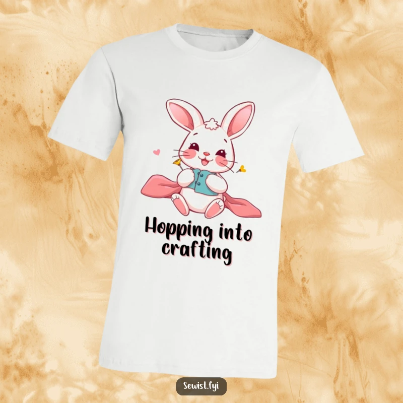 Funny Bunny T-Shirt: A playful bunny carefully pinning fabric pieces together with a smile, showcasing precision, great gift.