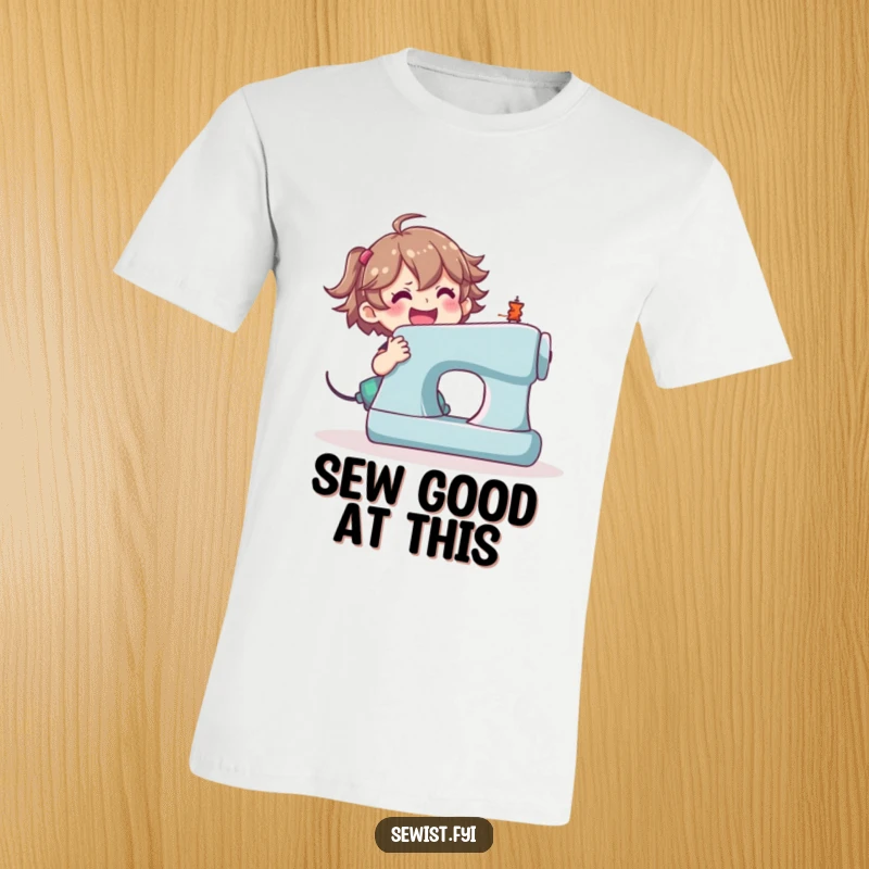 Funny sewing machine t-shirt, happy character operating a large machine with great enthusiasm.