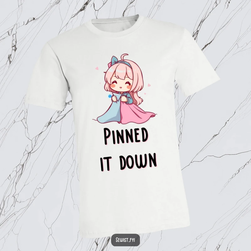 Funny T-shirt of a cheerful character pinning fabric pieces together, highlighting the meticulous and enjoyable process of sewing preparation.