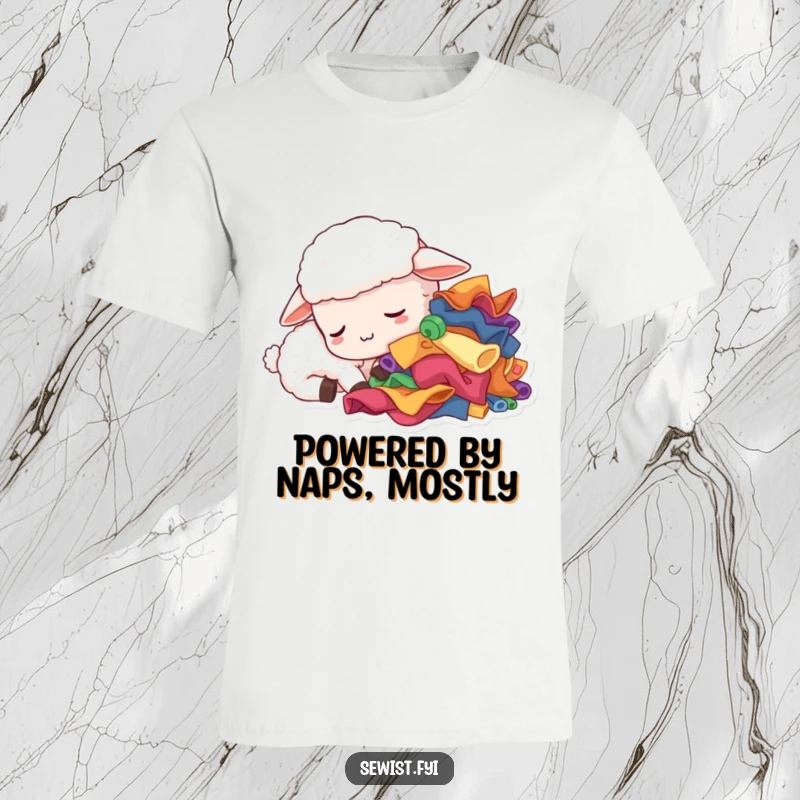 Funny sleepy sheep t-shirt, a tired creature dozing near colorful fabric scraps, great for sewing enthusiasts and as a funny gift.