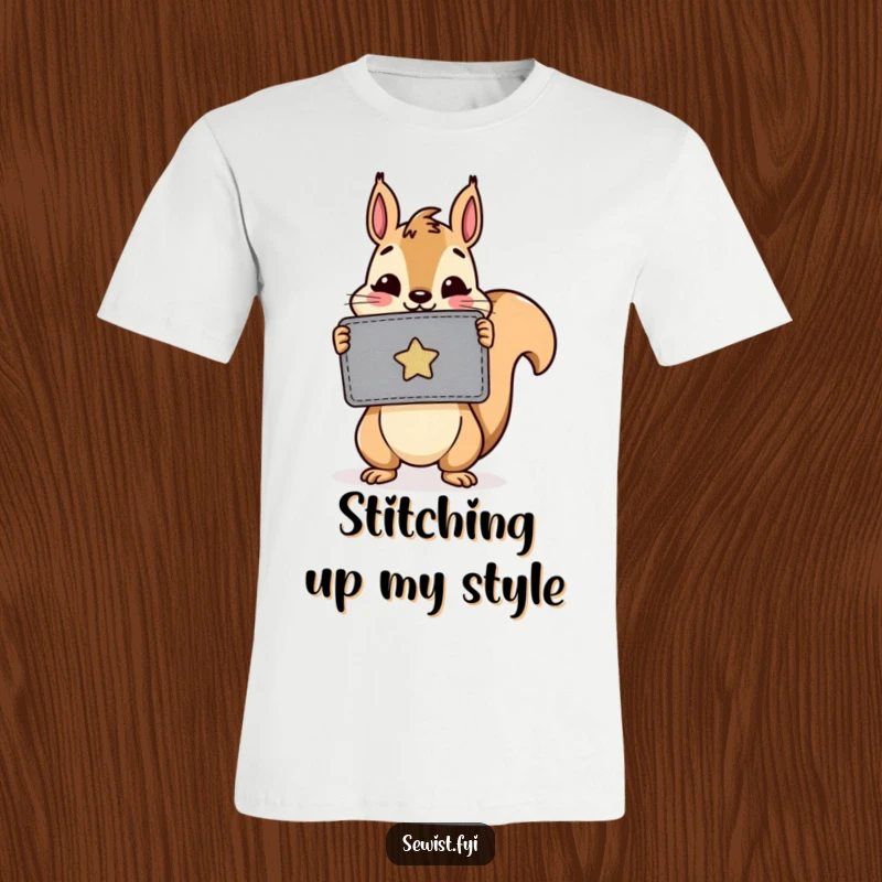 Funny t-shirt: A cheerful squirrel beams while holding a colorful, freshly sewn patch, representing dedication to crafting.