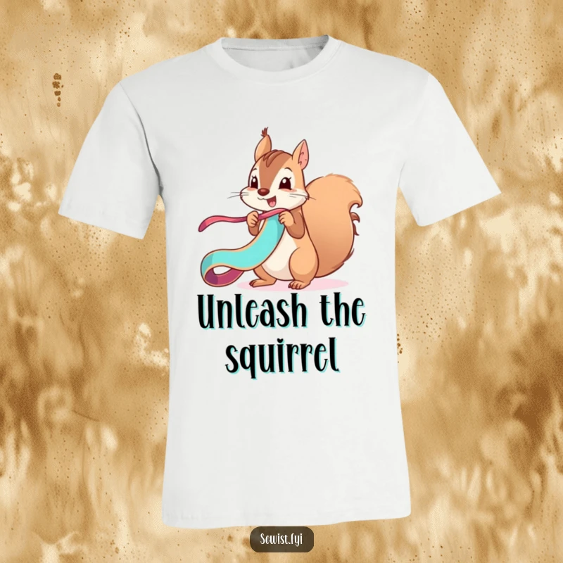 Funny mischievous squirrel unfurling a vibrant ribbon with a flourish, a playful t-shirt.