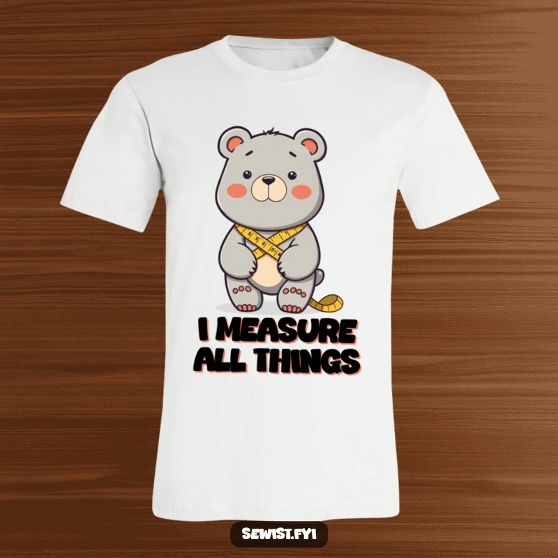 Funny determined bear meticulously measuring fabric with a tape measure. Perfect funny t-shirt.