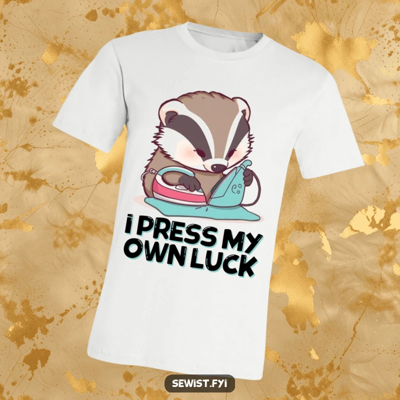 Funny Badger Ironing T-Shirt - A dedicated badger intently irons a seam flat with a miniature iron, looking hilariously focused.