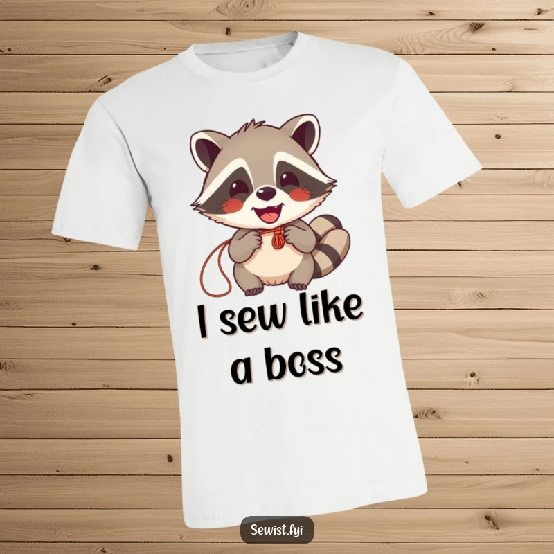 Funny Raccoon Sewing T-Shirt: A joyful raccoon beaming as it stitches fabric, celebrating the art of sewing. Great for craft lovers.