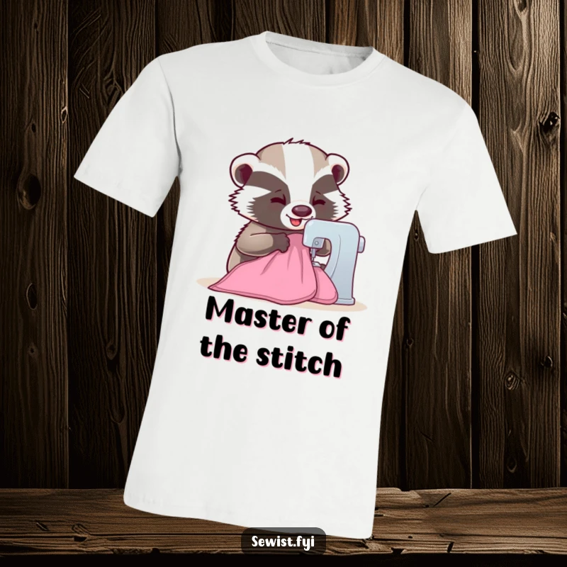 Funny Badger T-Shirt: A cheerful badger skillfully guiding fabric through a sewing machine, a funny and cute gift for crafters.