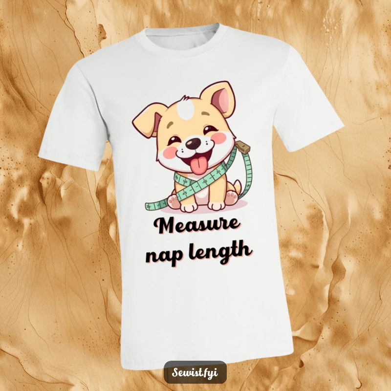 Funny t-shirt of a happy dog playfully measuring fabric with a tape measure, tongue out, celebrating sewing.