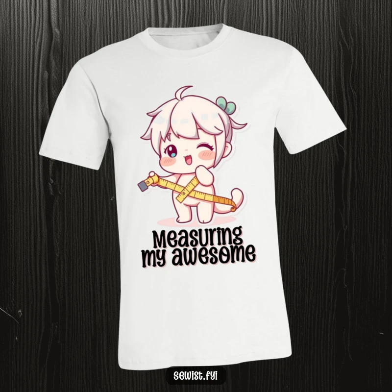 Funny t-shirt featuring a character playfully extending a measuring tape, embodying precision and lightheartedness.