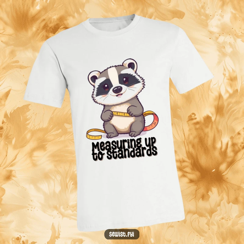 Funny t-shirt: A determined badger intently measures fabric with a tape measure, highlighting its commitment to accuracy.