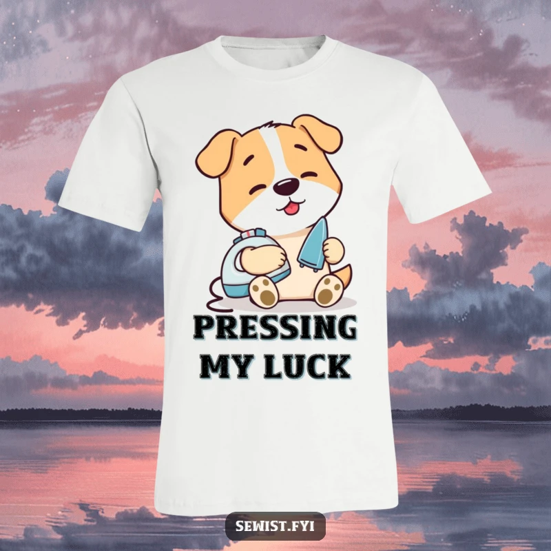 Funny Dog Ironing Seam T-Shirt: A graphic tee featuring a content dog meticulously ironing a small seam with a tiny iron, perfect for neat people.
