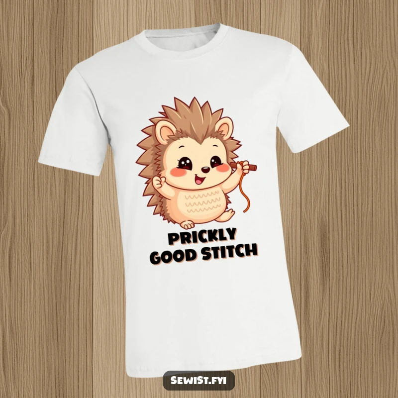 Funny Hedgehog T-Shirt: A smiling hedgehog character proudly displaying a completed stitch, showcasing its sewing triumph.