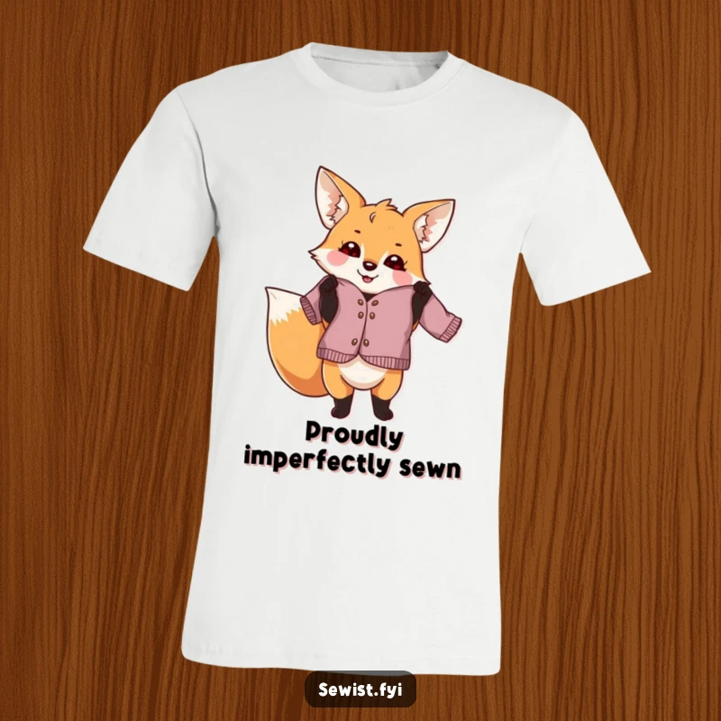 Funny fox dressmaker t-shirt, a playful creature proudly holding a slightly crooked finished garment, great for sewing fans and as a funny gift.