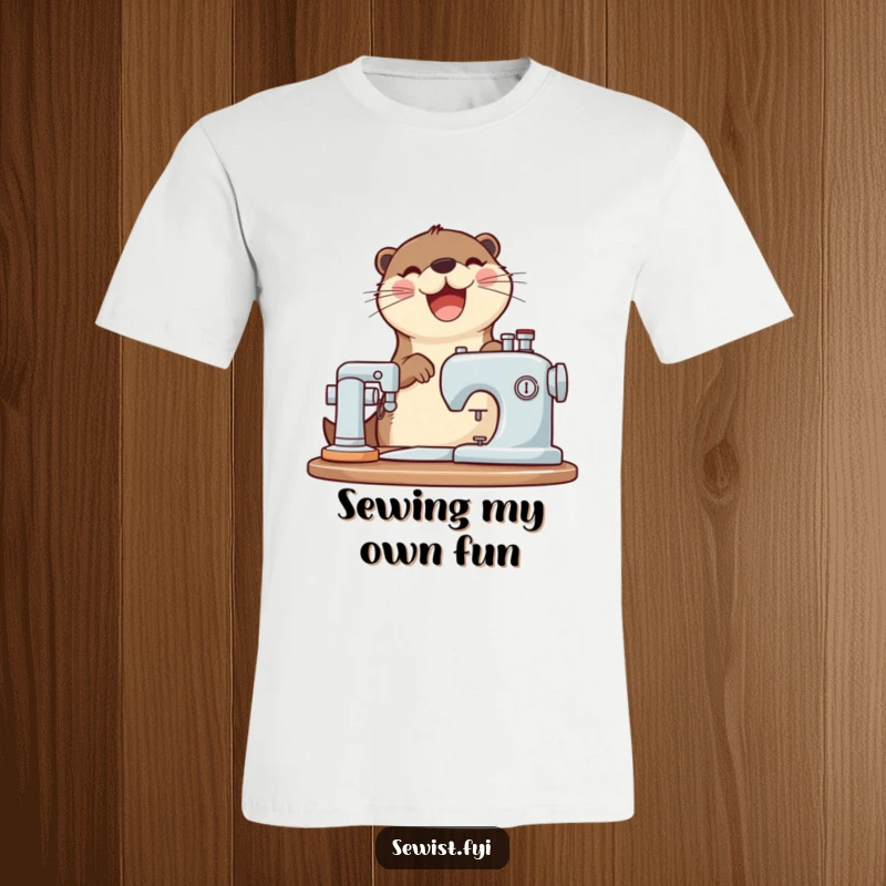 Funny otter t-shirt showing a joyful otter operating a sewing machine with a happy whirring sound.