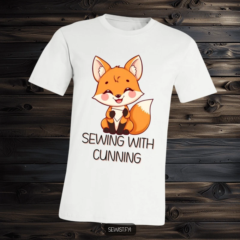 Funny Fox T-Shirt: A delighted fox proudly stitching a colorful patch, showcasing crafting skill and joy, great gift.
