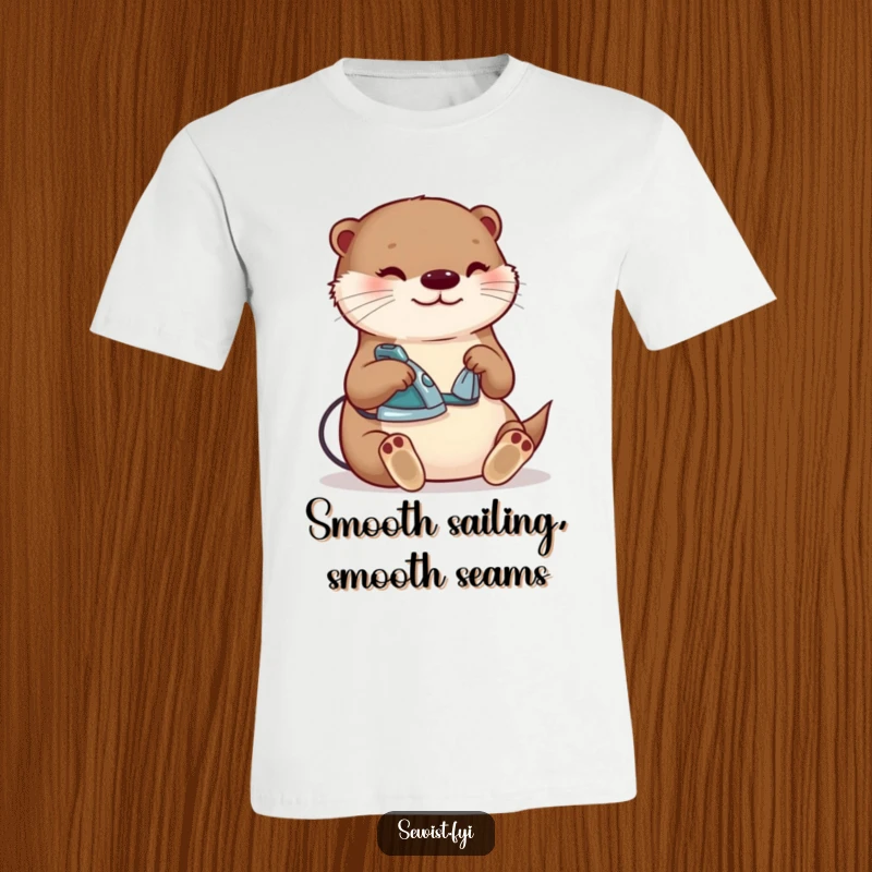 Funny otter ironing t-shirt, a content critter happily pressing a seam with a tiny iron, great for sewing enthusiasts and as a funny gift.