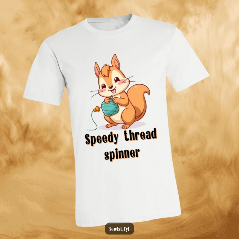Funny Squirrel T-Shirt: A jolly squirrel character winding a bobbin with great speed, representing efficient crafting.