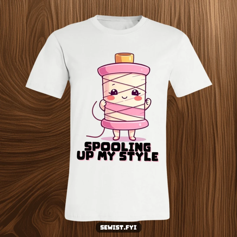 Funny t-shirt of a character proudly presenting a bright, multi-colored sewing spool, a symbol of crafting passion.