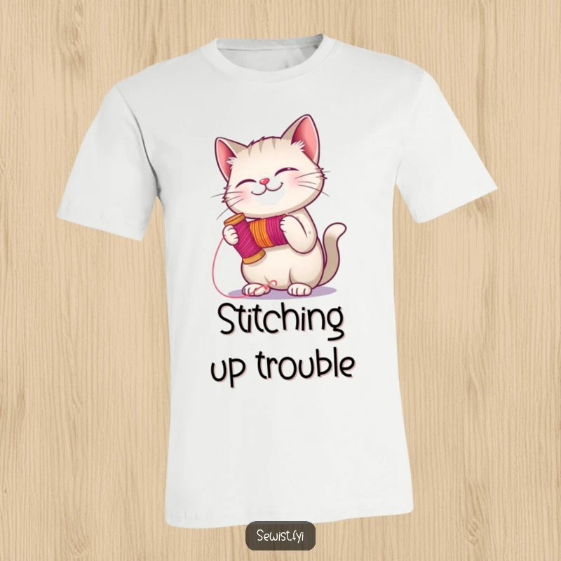 Funny giggling cat holding a vibrant spool of thread, ready to embark on a sewing adventure, a humorous t-shirt.