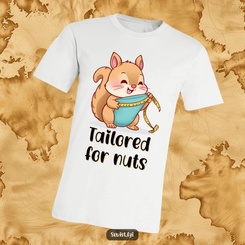Funny T-Shirt: A smiling squirrel precisely measures fabric with a miniature tape measure, ideal for sewing aficionados.