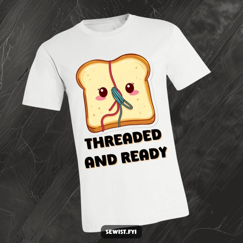 Funny toast t-shirt with vibrant thread coming out of its center, depicting a cheerful and crafty breakfast item.