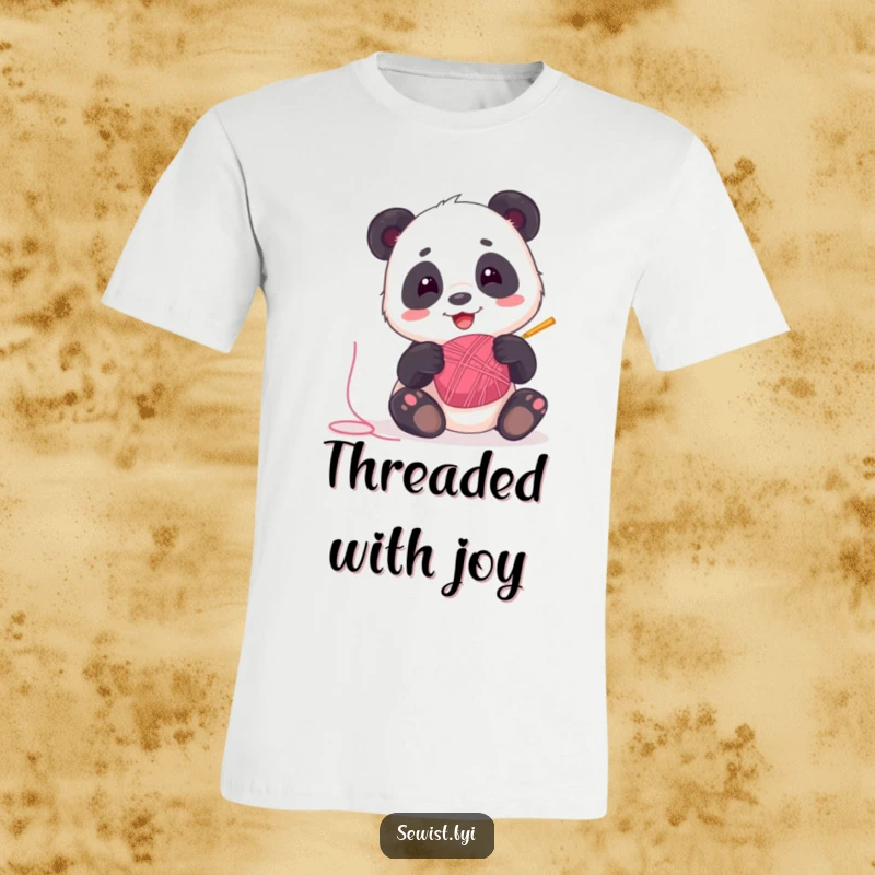 Funny Panda T-Shirt: A playful panda spinning a bobbin of bright thread, a humorous and fun gift for crafters and animal lovers.