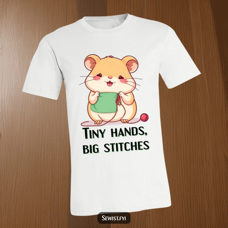 Funny beaming hamster concentrates on sewing with a needle and thread, a cute crafting t-shirt.