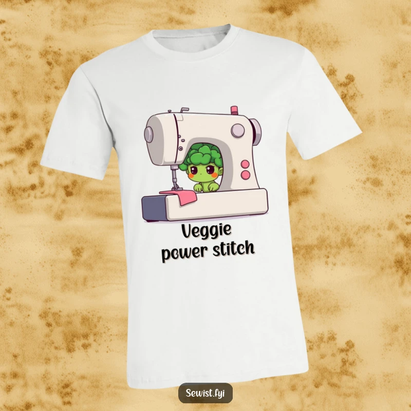 Funny broccoli t-shirt with a shy floret hiding behind a giant sewing machine, depicting a determined vegetable crafter.