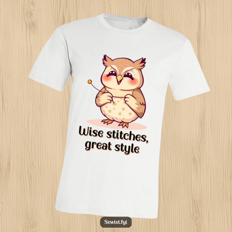 Funny owl seamstress t-shirt, a joyful bird pinning a fabric pattern with focused precision, great for sewing fans and as a funny gift.