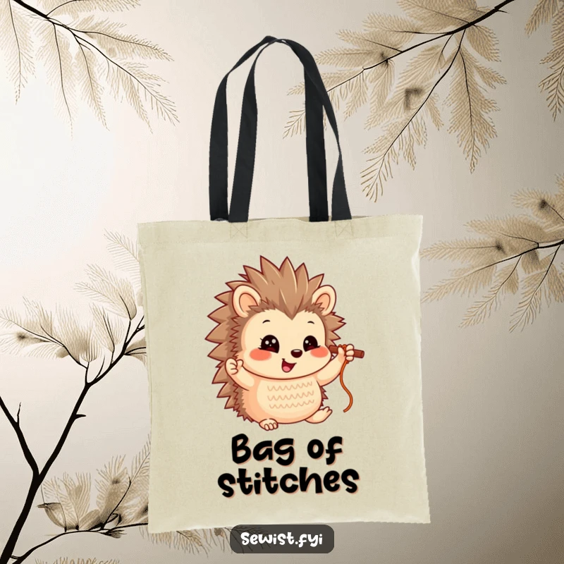 Funny Hedgehog Tote Bag: A smiling hedgehog character proudly holding up a completed stitch, perfect for craft supplies.