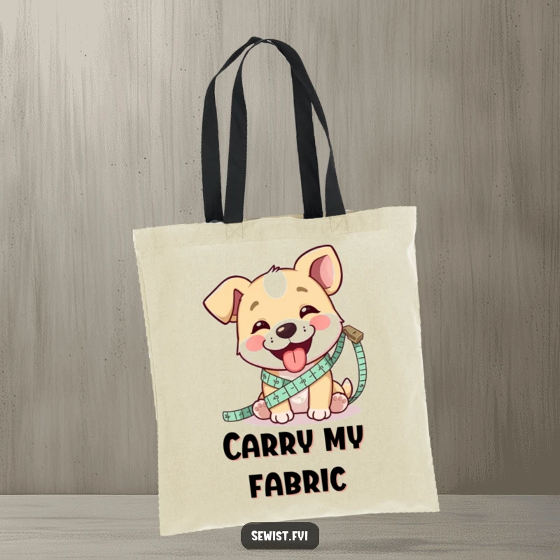 Funny tote bag showing a happy dog measuring fabric with a tape measure, tongue out, a sewing accessory.