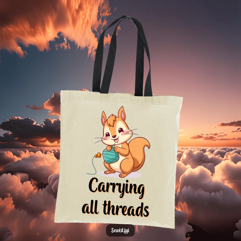 Funny Squirrel Tote Bag: A jolly squirrel character winding a bobbin with great speed, ready for quick crafting.