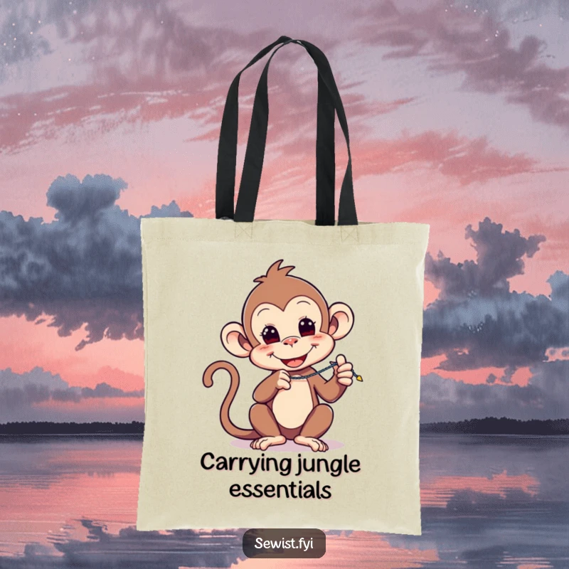 Funny tote bag: A playful monkey carries sewing supplies, demonstrating a zigzag stitch with a cheerful and focused expression.