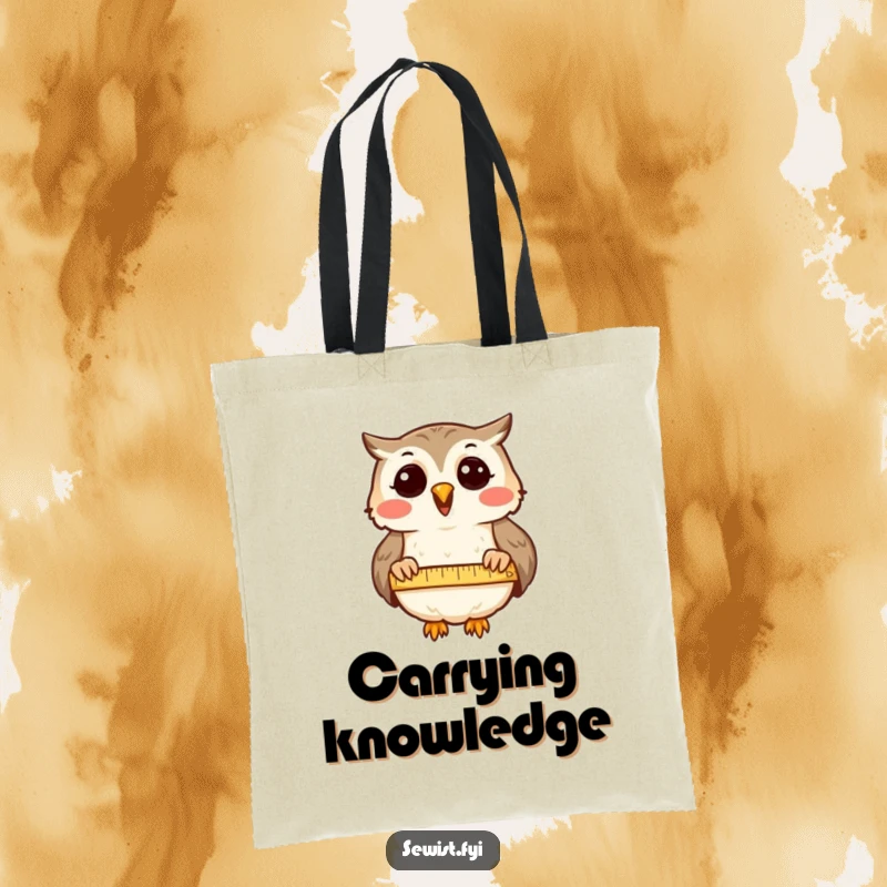 Funny Tote Bag: A delighted owl measures fabric with accuracy, showcasing wisdom and a love for detail.