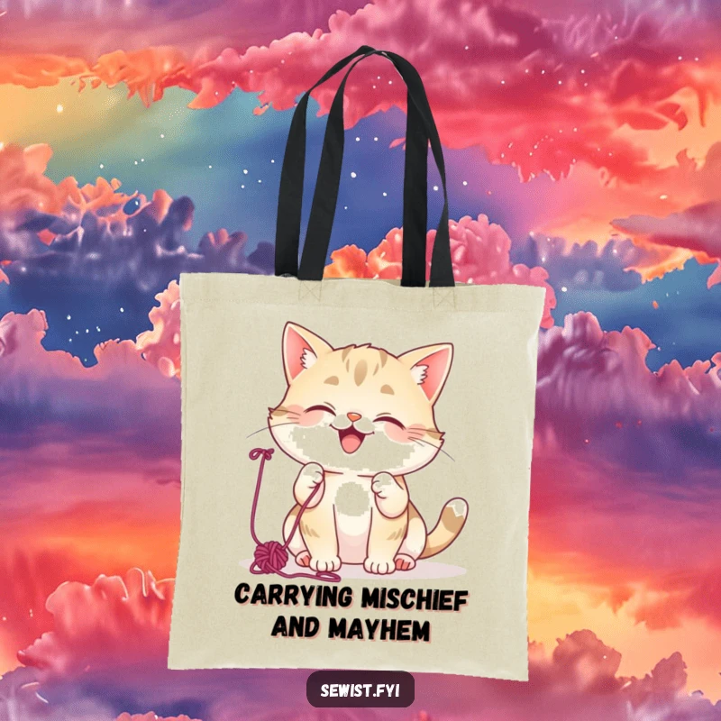 Funny Cat Tote Bag: Mischievous cat giggling, batting colorful yarn, ideal for everyday use and humor lovers.
