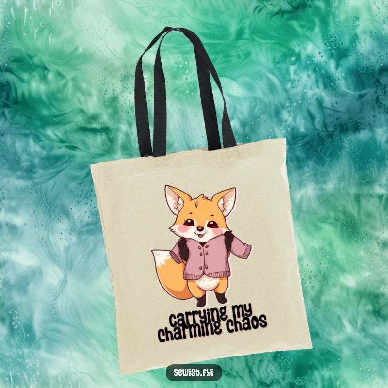 Funny fox dressmaker tote bag, a playful creature proudly holding a slightly crooked finished garment, perfect for carrying craft supplies humorously.