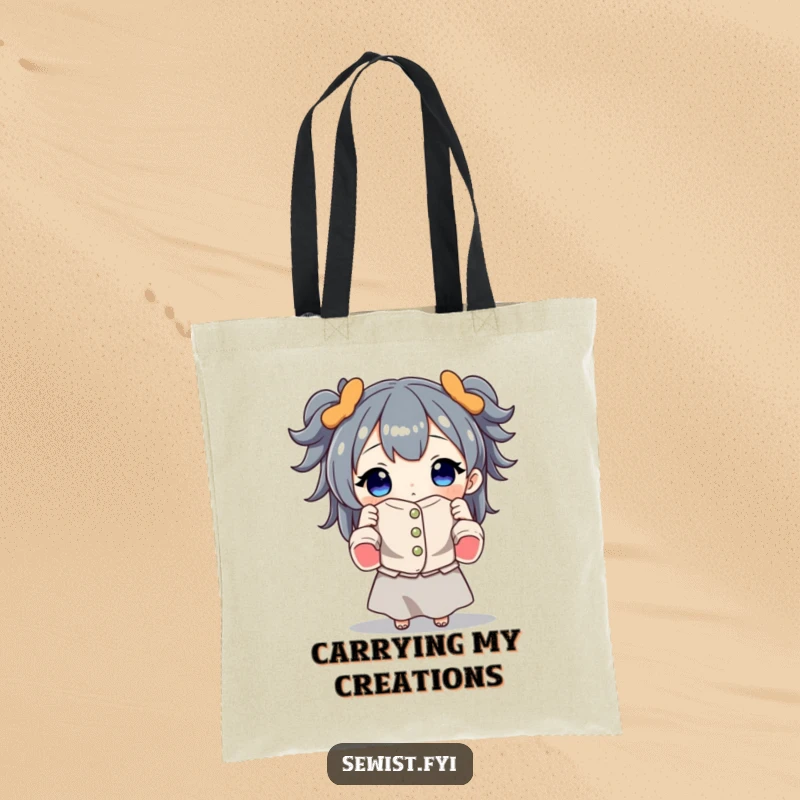 Funny tote bag with a character proudly holding a beautifully sewn garment, ideal for carrying sewing supplies and expressing a love for crafting.