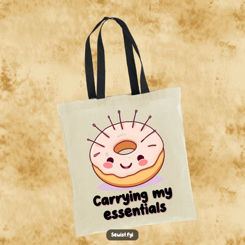 Funny tote bag illustrating a cheerful donut with sewing needles in its frosting, a sweet and humorous accessory for craft lovers.