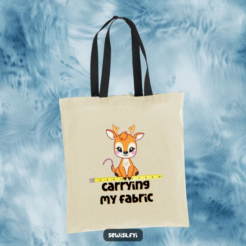 Funny Deer Measuring Tape Tote Bag: A durable bag featuring a giggling deer using a flexible tape measure to gauge fabric, ideal for hobbyists.