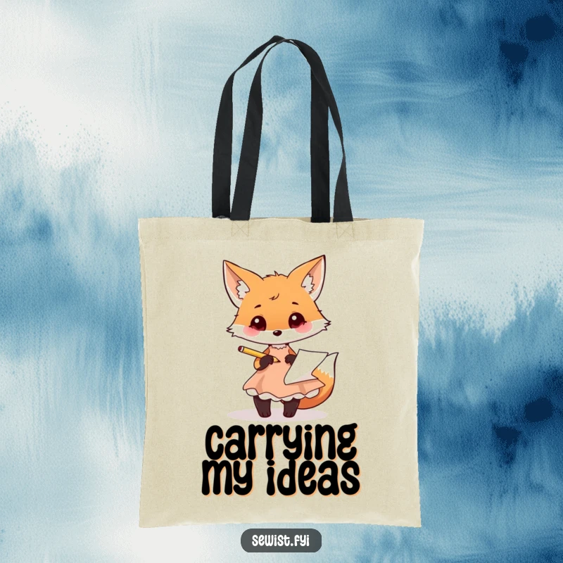 Funny fox tote bag with a playful fox sketching a dress design with a pencil, great for artists.