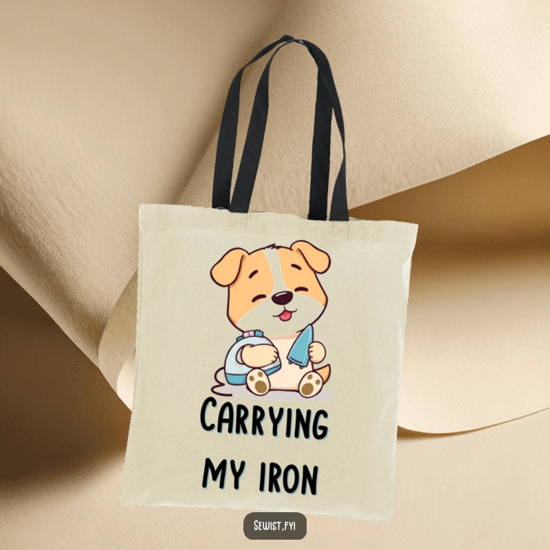 Funny Dog Ironing Seam Tote Bag: A durable bag featuring a contented dog using a mini iron to press a small seam, perfect for organized individuals.