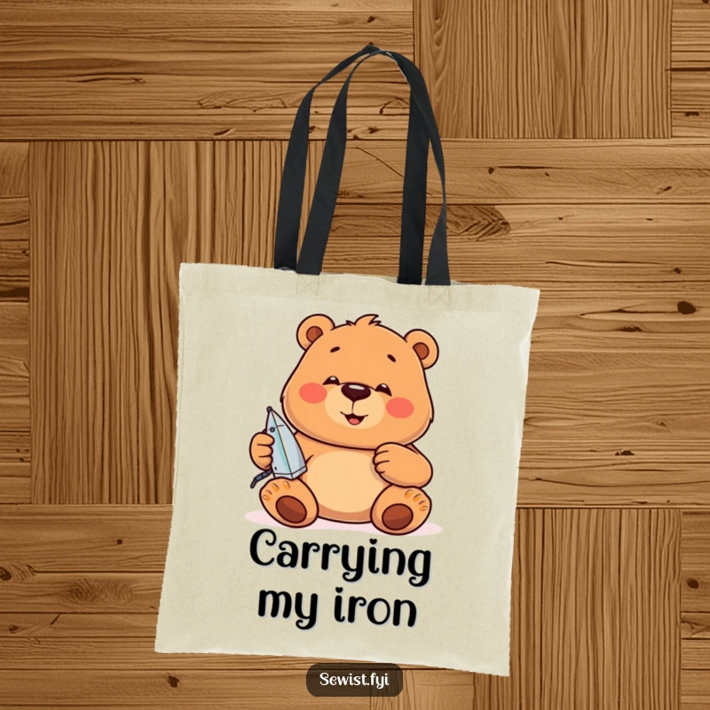 Funny Tote Bag: A jovial bear focuses intently on ironing seams, showing a love for neatness.