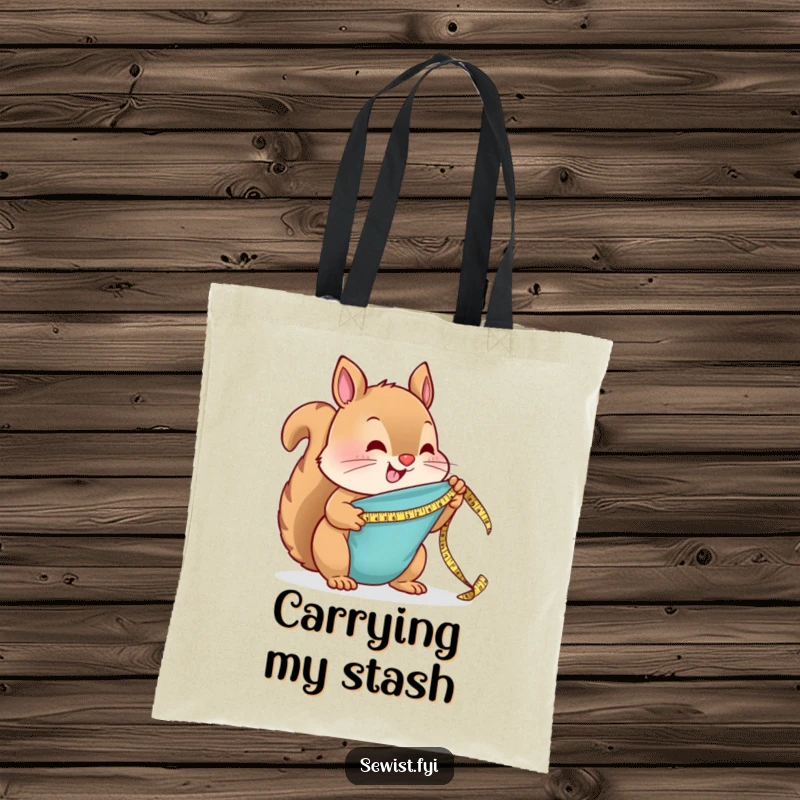 Funny Tote Bag: A smiling squirrel diligently measures fabric with a tiny tape measure, showcasing sewing passion.